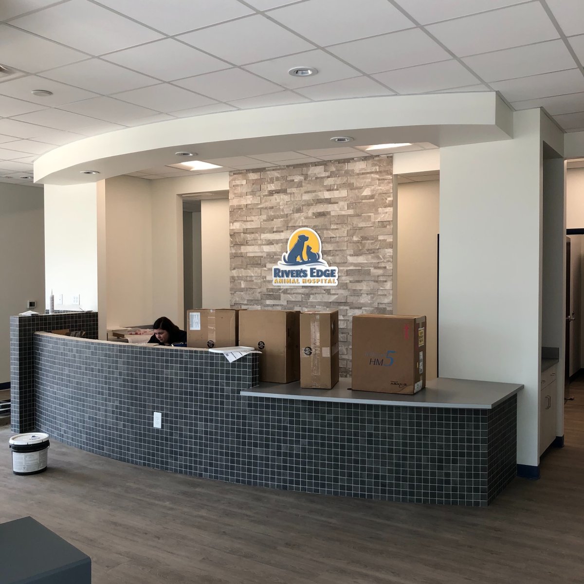GIOTile's tweet photo. Our Basaltina in Anthracite mosaic in a reception area and water fountain backsplash at a newly designed animal hospital. Click here to see all the Basaltina collection options: https://t.co/NdIgMGJzNv. Free samples (to the trade).

​#mosaictile #interiordesign https://t.co/NoX2PA6ino
