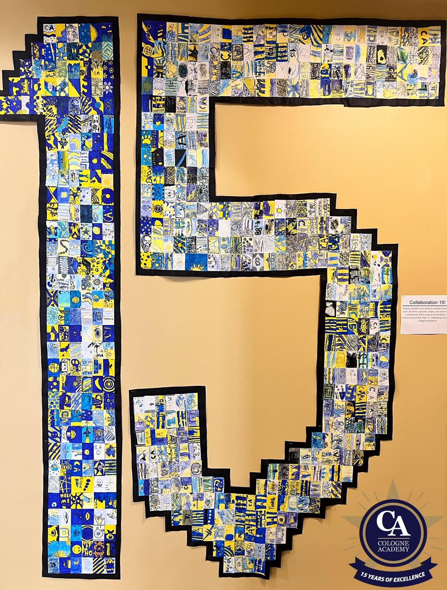 CologneAcademy's tweet photo. Take a look at Cologne Academy's school-wide art collaboration. 
Cologne Academy art students each created a part of this work. Students used line, shape, and color to make a contribution that is unique and personal. Their work became a part of this, celebrating 15 years of CA! https://t.co/aOehGyVT0y
