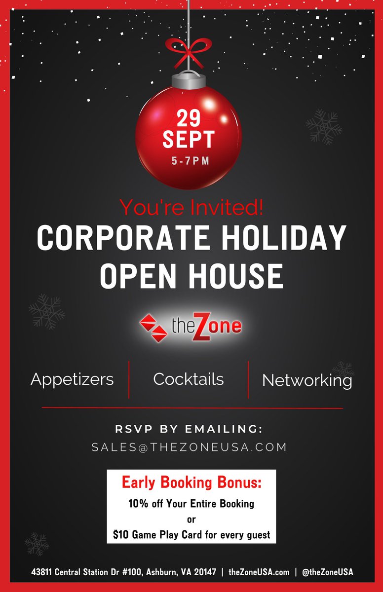 theZoneUSA's tweet photo. Tomorrow is our holiday open house!  If you are interested in learning about hosting parties and events at the Zone, join us from 5-7pm for appetizers and cocktails while we show off all the Zone has to offer! RSVP by emailing sales@thezoneusa.com https://t.co/FiLHqPRQAN