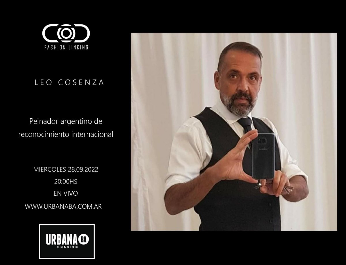 miercoles 20 hs (Arg)
En #fashionlinking 
Recibimos en los estudios de urbanaba.com.ar al Estilista y Peinador de trayectoria internacional 
Leo Cosenza. 
Tendremos nuevos podcast de 
Elisabet Maria Piacentini 
#camarargentinadeoptica CADEO
Y Walter Tucci desde EEUU.