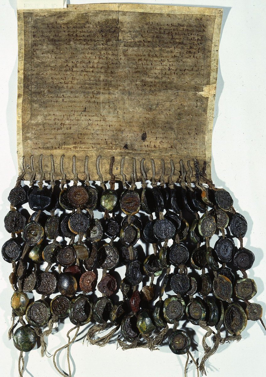 An Oath of Fealty to Edward I of England from Scottish nobles, August 1296. The parchment features an incredible 90 seals representing Adam de Hepe and others of the shires of Roxburgh and Perth. Held <a href="/UkNatArchives/">The National Archives</a> ref E39/99/1 #medieval #Scotland #history