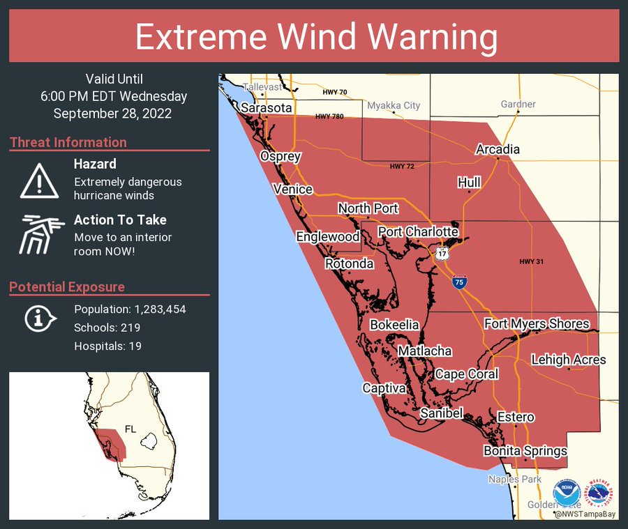 This graphic displays a extreme wind warning plotted on a map. The warning is in effect until 6:00 PM EDT. The warning includes Cape Coral FL, Lehigh Acres FL, Fort Myers FL.  This warning is for Southeastern Manatee County in west central Florida, Charlotte County in southwestern Florida, Western DeSoto County in south central Florida, Lee County in southwestern Florida and Sarasota County in west central Florida. The threats associated with this warning are a for extremely dangerous hurricane winds. Treat these imminent extreme winds as if a tornado was approaching and move immediately to an interior room or shelter NOW!. There are 1,283,454 person in the warning along with 219 schools and 19 hospitals.