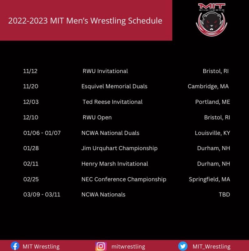 I am excited to share the anticipated men’s and women’s wrestling schedules for the 2022-2023 season!! The team is motivated and excited for a challenging schedule this season. 

#MIT #massachusettsinstituteoftechnology #wrestling #collegewrestling