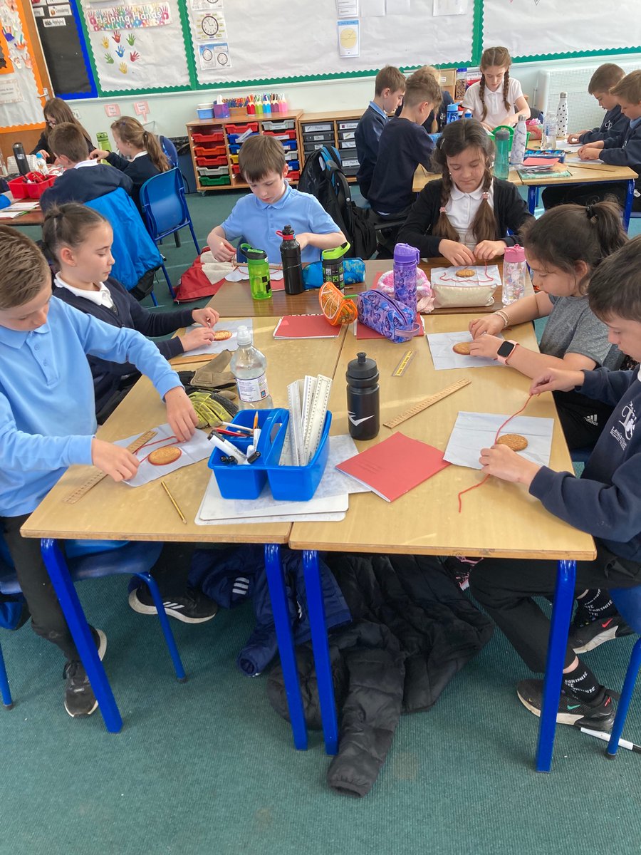 MrsLiddle_LPS's tweet photo. We completed a task
 to explore diameter and circumference further. Using sweetie laces we found the diameter of biscuits. We used two types of biscuits for comparison. We also discussed the systematic errors in this experiment! #MathsWeekScotland https://t.co/SN7XHxfrAk