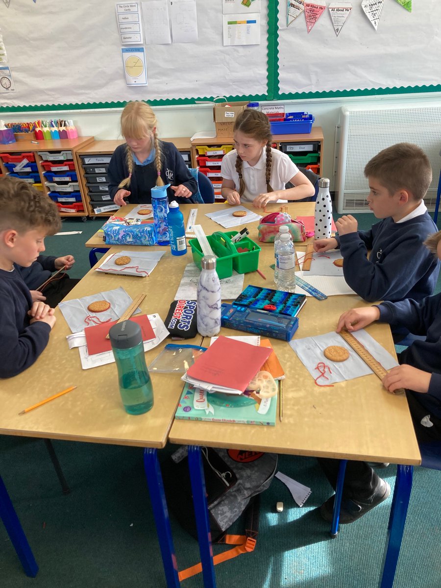 MrsLiddle_LPS's tweet photo. We completed a task
 to explore diameter and circumference further. Using sweetie laces we found the diameter of biscuits. We used two types of biscuits for comparison. We also discussed the systematic errors in this experiment! #MathsWeekScotland https://t.co/SN7XHxfrAk
