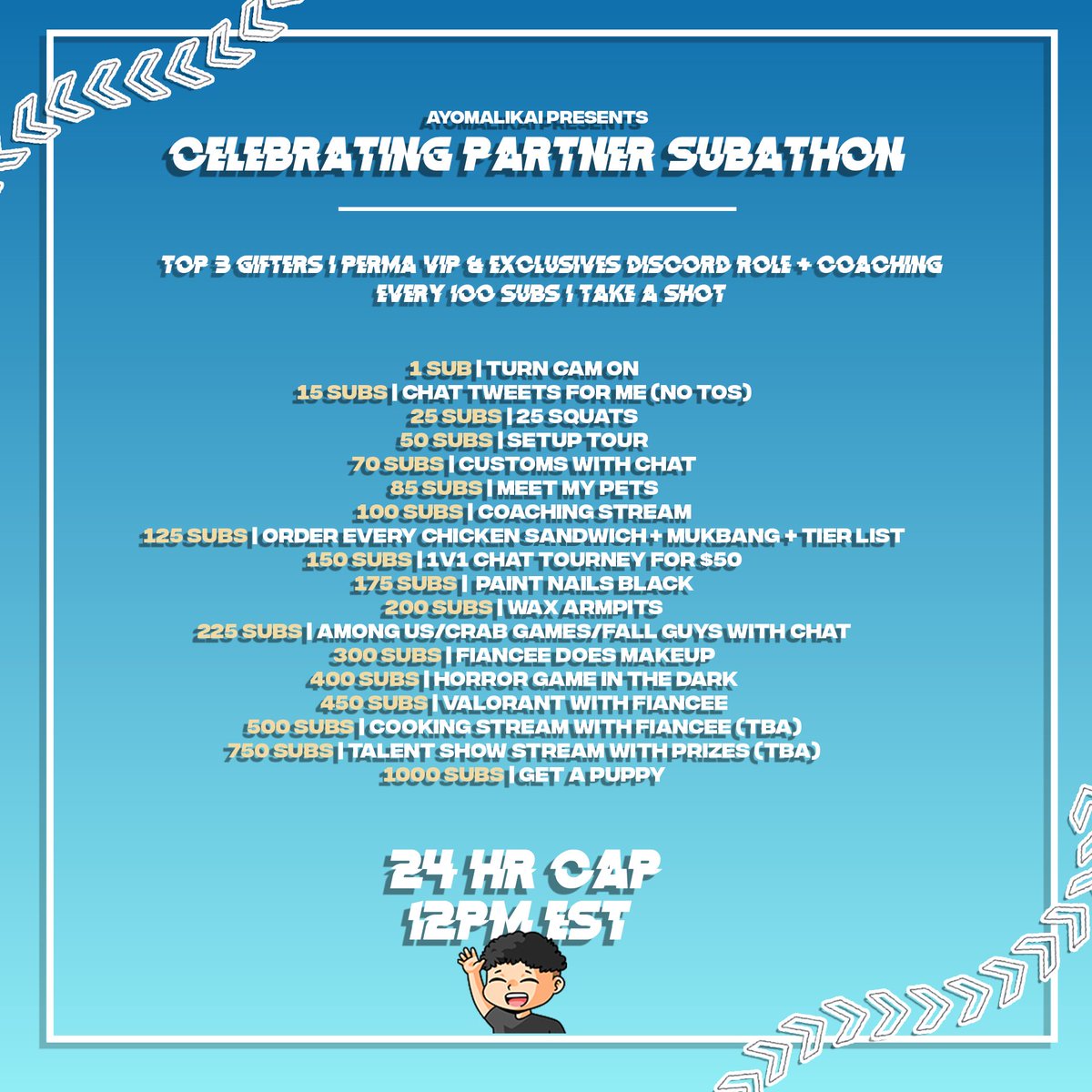 ayoMalikai's tweet image. Doing my FIRST EVER subathon to celebrate hitting twitch partner!! Let’s have some fun 🔥 THIS FRIDAY 12PM EST