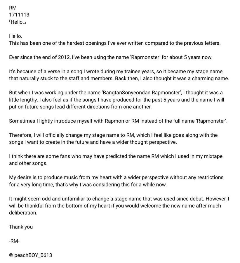 I’m surprised I need to clarify this but Namjoon changed his stage name from Rap Monster to RM in 2017

Pls listen to him & respect his wishes 

He announced his name change through a fancafe letter & asked we welcome his new name as he chose it after much deliberation