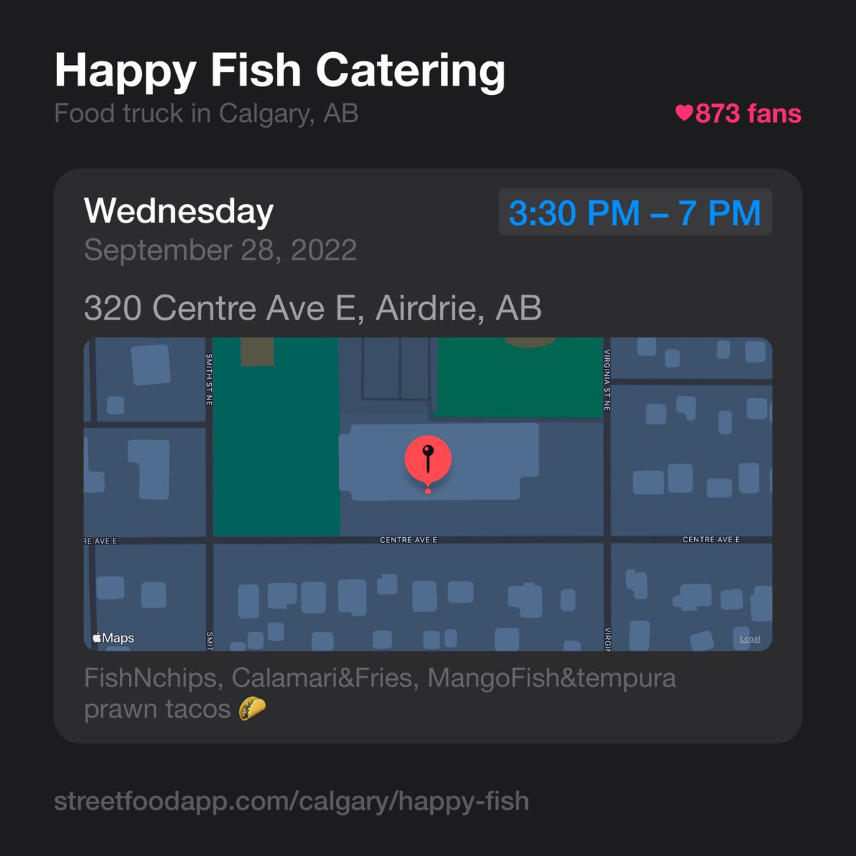 We're open today from 3:30 PM - 7 PM at 320 Centre Ave E, Airdrie, AB.

streetfoodapp.com/calgary/happy-…