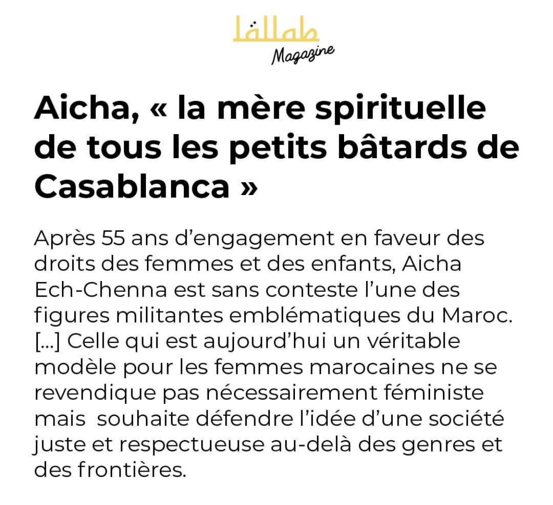 AssoLallab's tweet photo. [#Hommage]

C’est avec beaucoup d’émotions que nous rendons hommage à la grande Aicha Ech Chenna, Allah y Rahma, décédée ce 25 septembre 2022. Elle s’inscrit dans cette lignée de femmes résistantes musulmanes qui nous ont ouvert la voie chez Lallab. 

⏩ https://t.co/Vy2e9hYkn3 https://t.co/p3rOJNzpKs