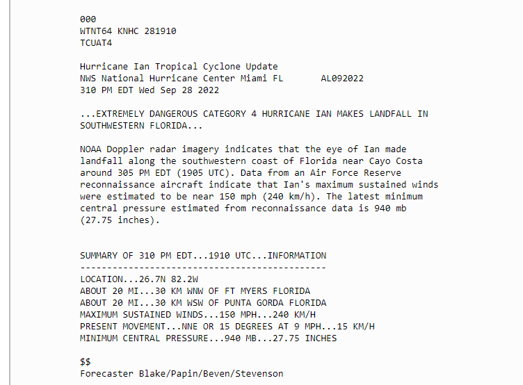 LANDFALL -- 

The eye of #HurricaneIan made landfall near Cayo Costa at 3:05 p.m. with max sustained winds of 150 miles an hour.