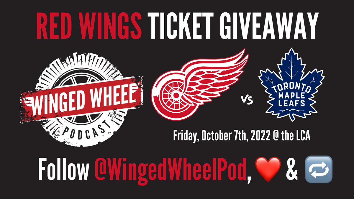 Winged Wheel Podcast (@wingedwheelpod) on Twitter photo π¨RED WINGS TICKET GIVEAWAY! π¨
We're giving away 2 TICKETS to the RED WINGS vs. MAPLE LEAFS game on Oct. 7th in Detroit! π
π³ To enter:
β
Follow <a href="/WingedWheelPod/">Winged Wheel Podcast</a>
β
β€οΈ and RETWEET π this tweet
That's it! Winner will be drawn on Monday night - good luck! #LGRW π¨RED WINGS TICKET GIVEAWAY! π¨
We're giving away 2 TICKETS to the RED WINGS vs. MAPLE LEAFS game on Oct. 7th in Detroit! π
π³ To enter:
β
Follow <a href="/WingedWheelPod/">Winged Wheel Podcast</a>
β
β€οΈ and RETWEET π this tweet
That's it! Winner will be drawn on Monday night - good luck! #LGRW