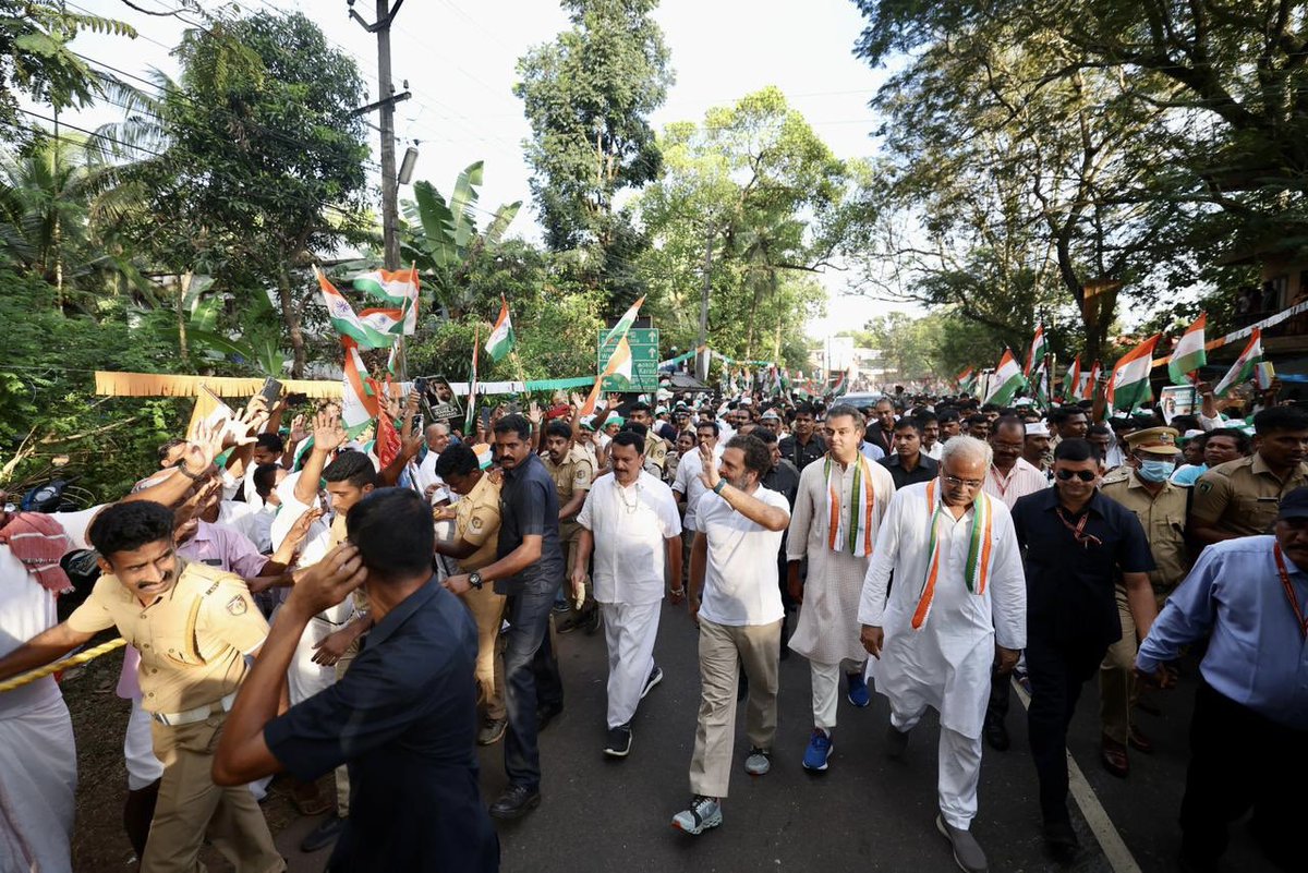 Joined the #BharatJodoYatra today in Wayanad, Kerala — <a href="/RahulGandhi/">Rahul Gandhi</a> ji’s parliamentary constituency — and walked alongside <a href="/kcvenugopalmp/">K C Venugopal</a> ji, <a href="/bhupeshbaghel/">Bhupesh Baghel</a> ji &amp; countless others.