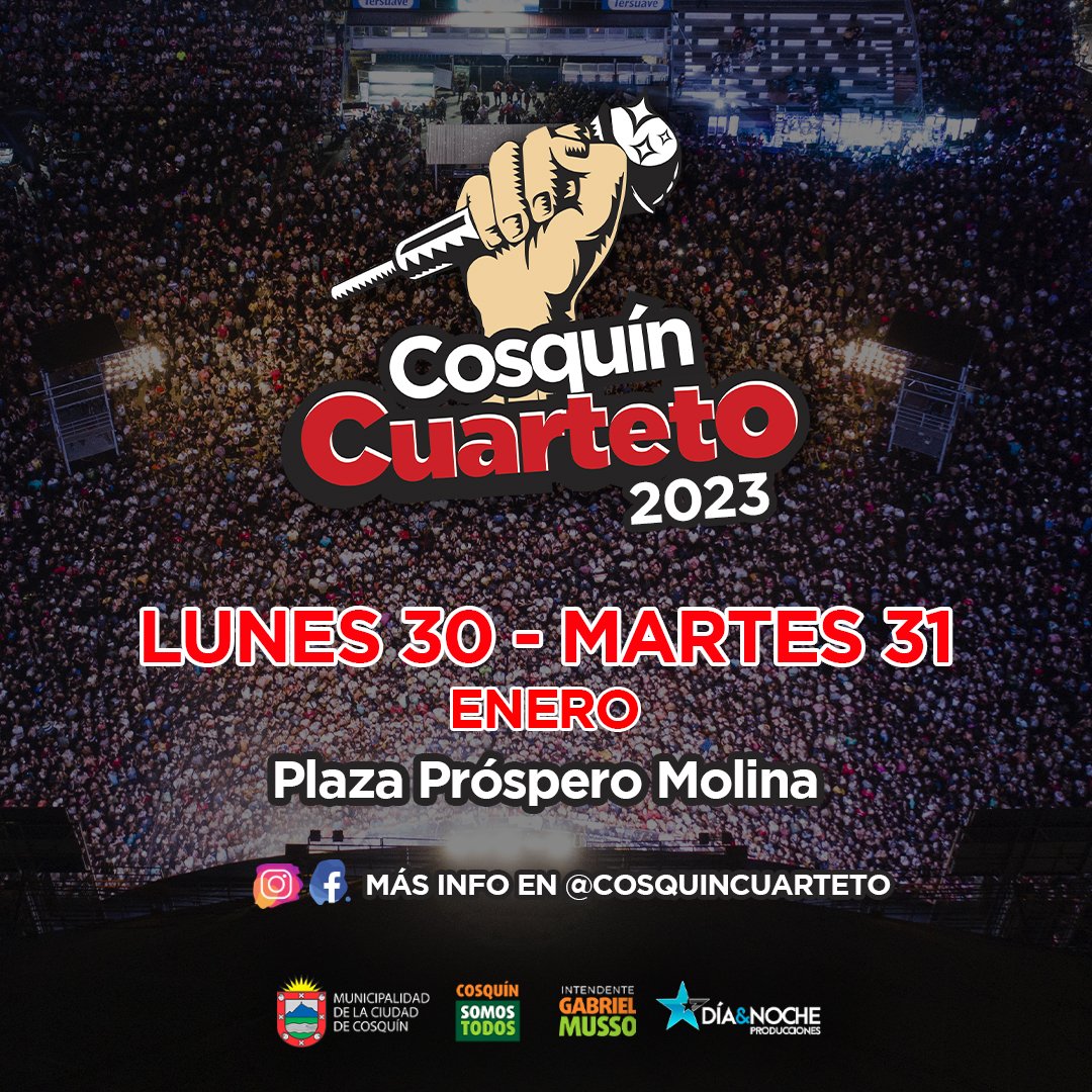 CosquinCuarteto's tweet photo. ‼️Fechas Confirmadas ‼️
LUNES 30 Y MARTES 31 DE ENERO, NOS VOLVEMOS A VER PARA CUARTETEAR EN LA PLAZA PRÓSPERO MOLINA EN EL BAILE MAS GRANDE DEL PAÍS 💥

.
.
#Festival #CosquinCuarteto #Cosquin #ElBaileMasGrandeDelPais #Cuarteto https://t.co/huLn2dYrmk