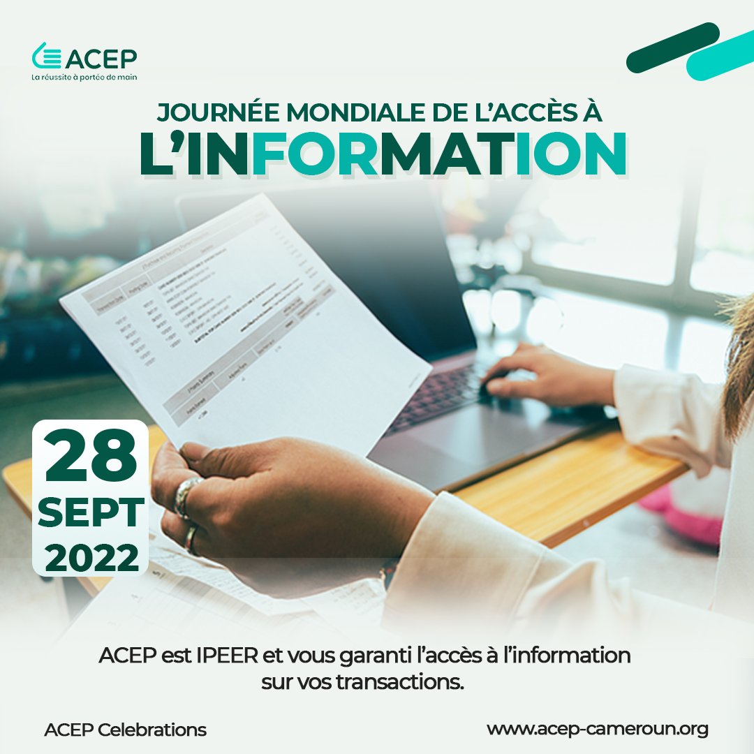 Acep_Cameroun's tweet photo. Vous avez le droit d’avoir les informations sur vos transactions.
Journée Mondiale de l'accès à l'information.
ACEP est IPEER et vous garanti l’accès à toutes les informations sur vos différentes opérations.
#accèsàlinformation, #informationspourtous, #Ipeer https://t.co/2oBiv8tJTN