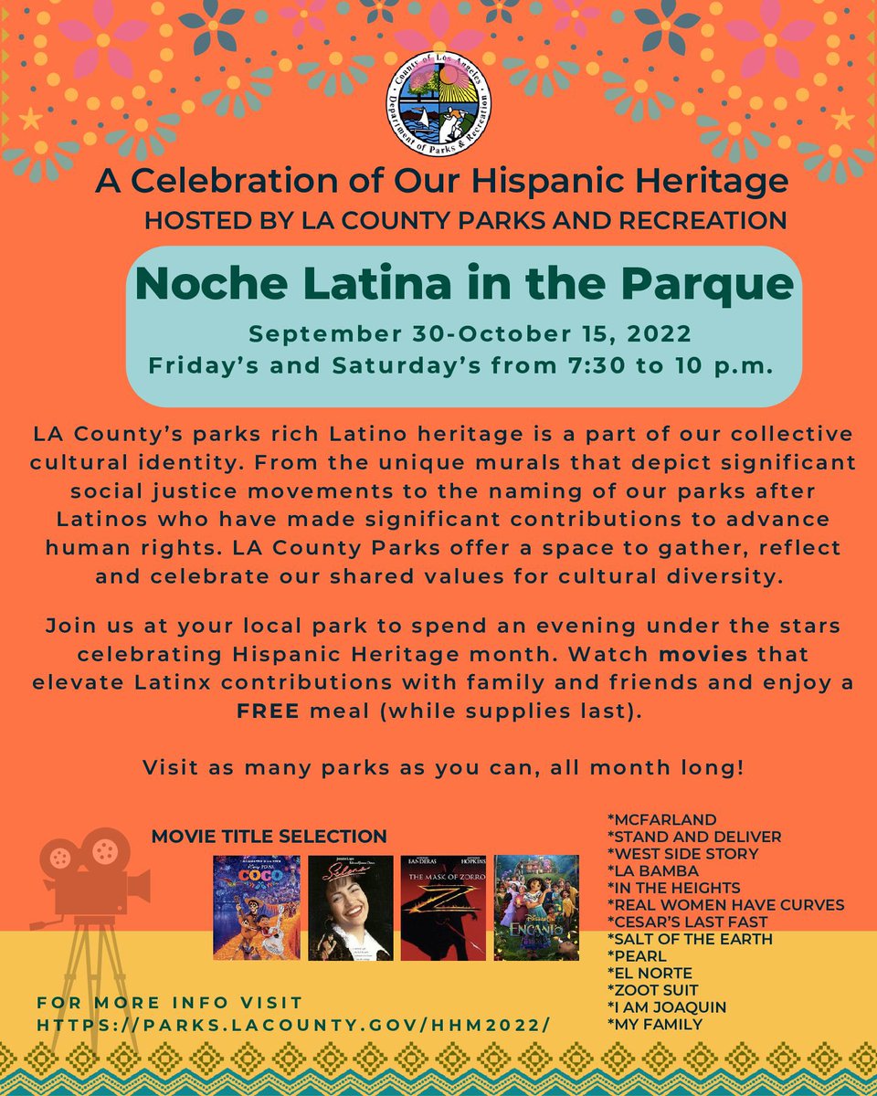 garciane's tweet photo. Bring the familia and join @lacountyparks celebrate #HispanicHeritageMonth with a “Noche Latina en el Parque”! Free movies at 56 parks ¡Ajua! https://t.co/60WhJ5y57K