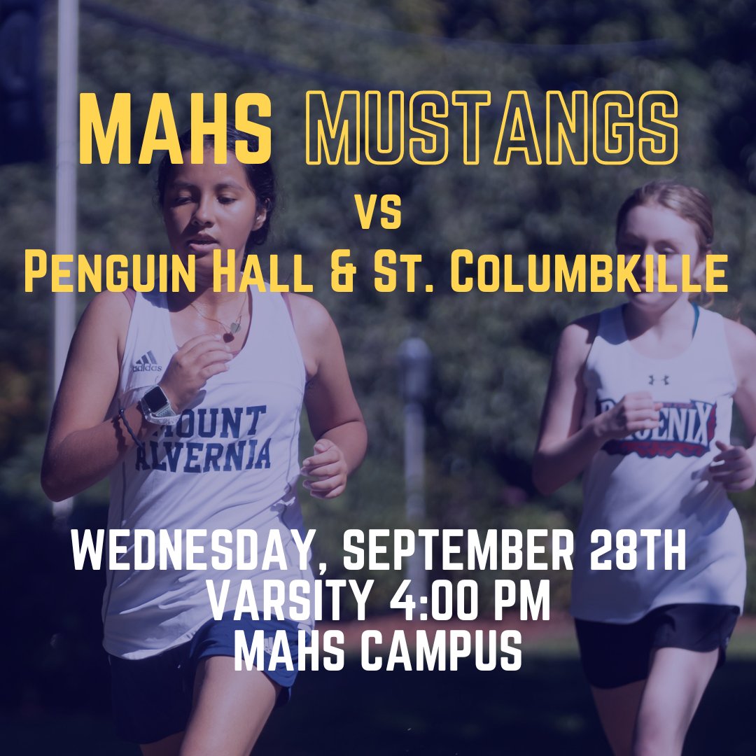 mountalverniahs's tweet photo. MEET DAY!🏃‍♀️

The varsity cross country team will compete today in a tri-meet facing off with @AcadPenguinHall and @saintcols. The race will be hosted on MAHS campus so make sure you stick around to cheer on the girls as they run! Let’s go, Mustangs! https://t.co/tERkTZ0YX1