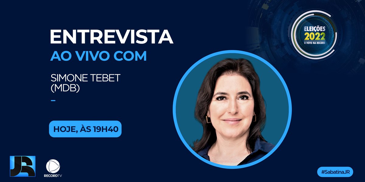 jornaldarecord's tweet photo. O @jornaldarecord recebe nesta quarta-feira (28) a candidata à Presidência da República Simone Tebet (MDB). O jornalista Eduardo Ribeiro comanda a entrevista ao vivo, que terá duração de 40 minutos https://t.co/N4fhxERiBr