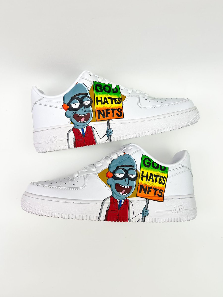 It's that easy and simple, if you are part of the #GodHatesNFTees ecosystem, RT + Like this tweet and in 24 hours we will raffle 2 winners for more sneakers customs!
