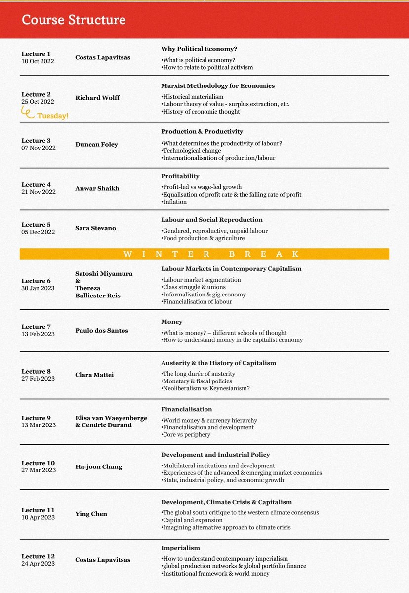 🚨 SOAS Economics and @NSSRNews Economics are offering a fantastic lecture series on contemporary issues in political economy (10, Oct'22 - 24, Apr'23. An exciting series with powerhouses in heterodox economics! ✊🏾 Details in pictures and thread below.