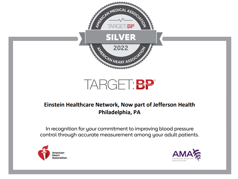 JeffHealthEH's tweet photo. Congratulations to the Einstein cardiology team for being recognized by the American Heart Association and the American Medical Association with a Target: BP Silver Achievement Award.
#TargetBP #Hypertension #HighBloodPressure https://t.co/DM1OoUzLTZ