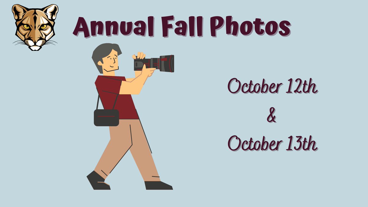 HMannCougars's tweet photo. Fall Picture Day is Coming!  Wednesday October 12th: 1st to 4th grade.  Thursday October 13th: 5th to 8th grade.  To order online please visit https://t.co/le3yKUx9I6 If you have any questions please contact the studio. 201-364-8168 https://t.co/P9ekfMtIfC