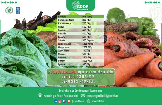 crdediboini's tweet photo. Le @crdediboini en collaboration avec la Mairie de Mitsamiouli, organise un marché solidaire du 01 au 02/10/2022 au marché de Mitsamiouli mdjini.
Venez nombreux faire vos courses et ainsi découvrir les produits agricoles #locaux et #bio de nos agriculteurs.
#marchesolidaire https://t.co/tC3vfDwN8U