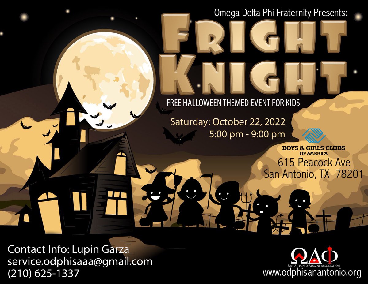 Join us for a fun night for the whole family! We are excited to once again host 'Fright Knight,' a FREE drive thru event from 5 p.m. to 9 p.m. Sat., Oct. 22 at our Peacock Boys & Girls Club, 615 Peacock Ave. The event is presented by @ODPhi - San Antonio Alumni Association.