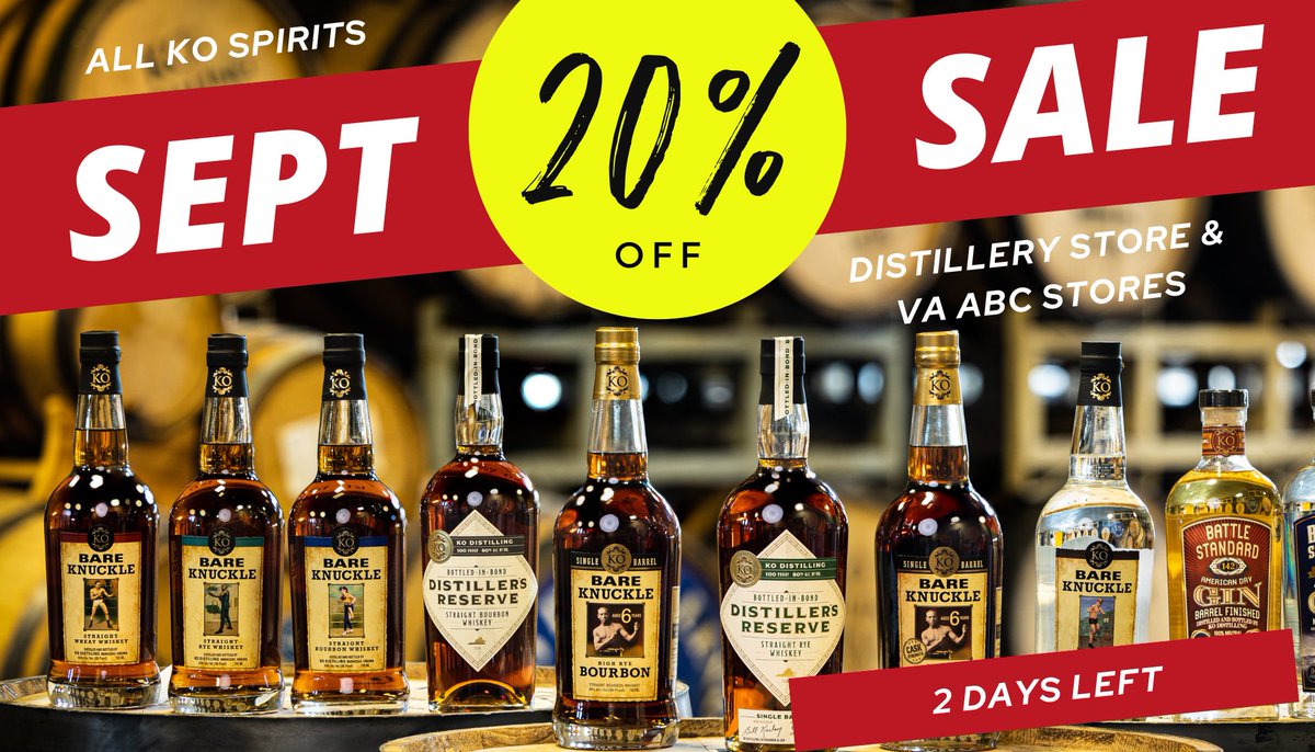 🚨2 Days Left for 20% off 🚨

#virginiaspiritsmonth sale is coming to a close.  Take this opportunity to stock up and save!  Limited Releases "PlanKOwner Select" Bare Knuckle Single Barrel Bourbon &amp; "7 Year Select" Bare Knuckle High Rye Bourbon Cask Strength are still available.