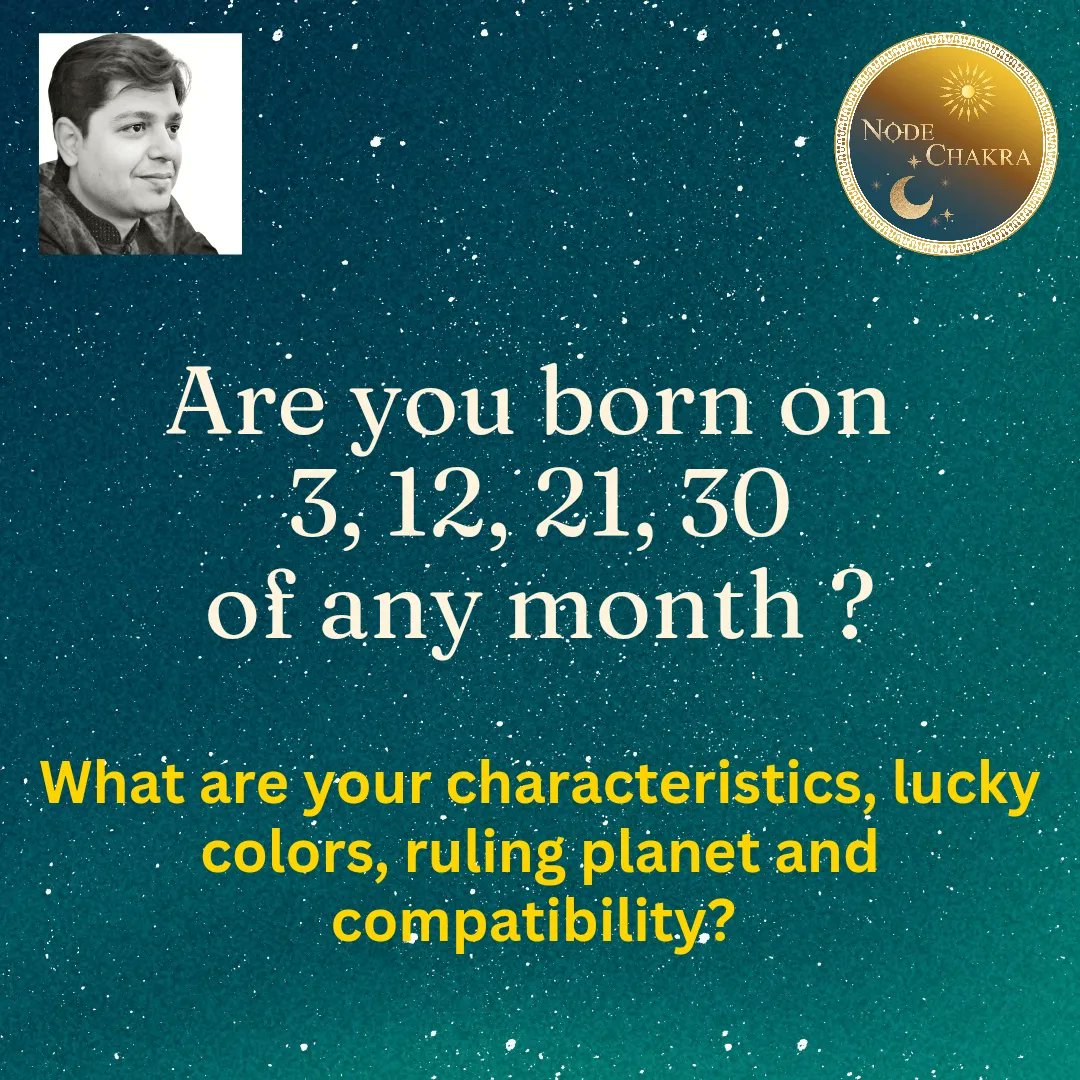 NodeChakra's tweet photo. What does your birth-date signify?
Is your birth date 3?
Is your birth date 12?
Is your birth date 21?
Is your birth date 30?
Don't worry, we have got it covered for you.
Your birth number is 3.
Know how it impacts your inherent nature, your lucky colors etc.
#nodechakra https://t.co/TOm936TFwW