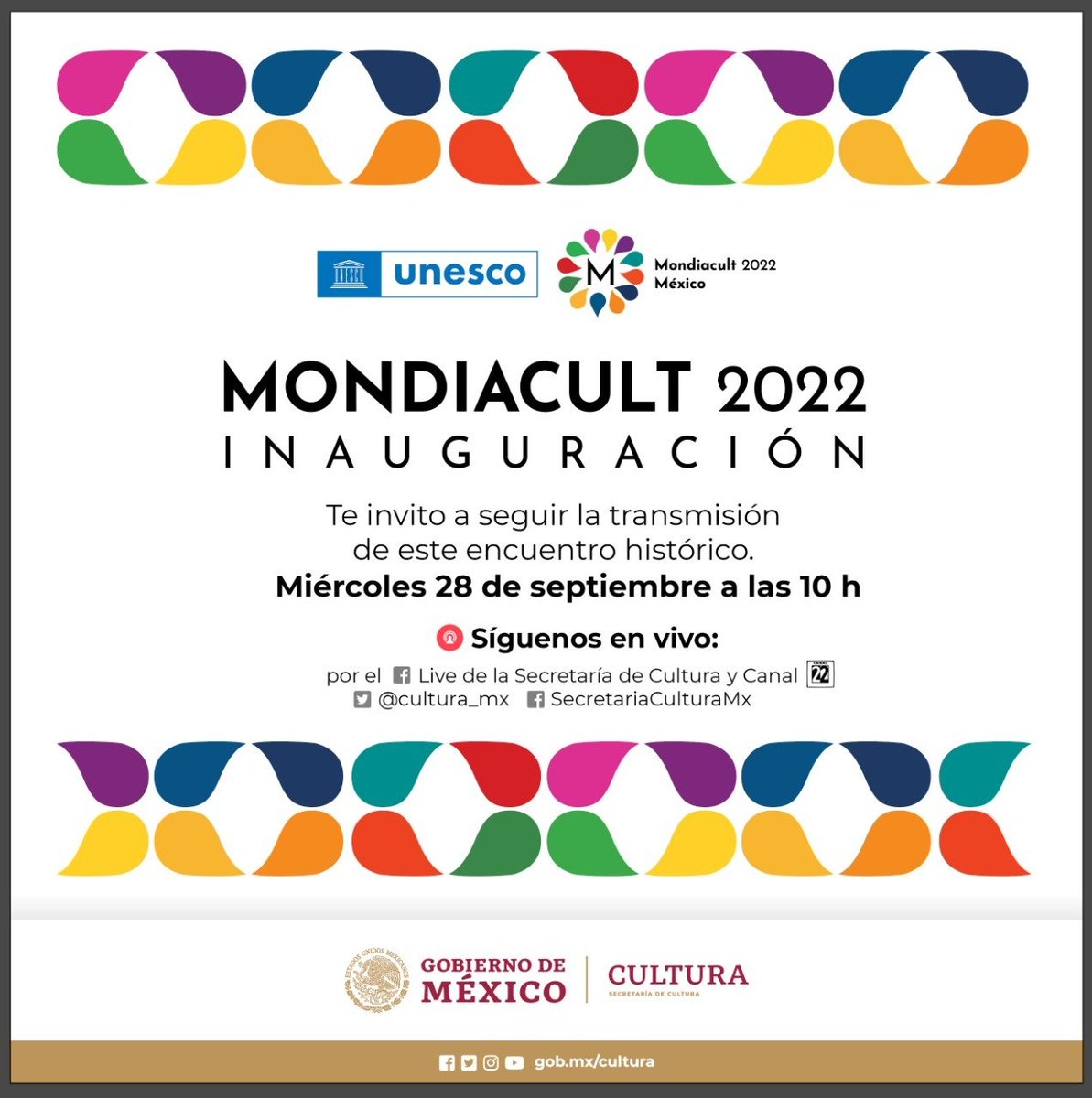 🚨 160 countries are gathering in Mexico City today to build the route for the future’s cultural policies at <a href="/UNESCO/">UNESCO 🏛️ #Education #Sciences #Culture 🇺🇳</a> <a href="/GobiernoMX/">Gobierno de México</a> <a href="/cultura_mx/">Secretaría de Cultura</a> #MONDIACULT2022!!
Don't miss out the opening ➡️#Live transmission at 4 pm🇬🇧; 10am🇲🇽
👉m.facebook.com/10006915106157…