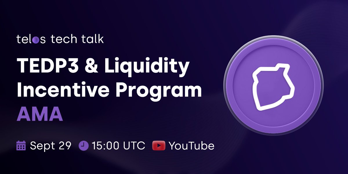 HelloTelos's tweet photo. #TelosFuel is coming🔥
In tomorrow's #YouTube Live segment, we discuss the TEDP3 & Liquidity Incentive Program and its goal to fuel the overall growth of the #Telos ecosystem
⚠️Don't miss this #AMA!
🗓️ September 29
⏰ 15:00 UTC
📍 https://t.co/sWlFHJKW9B
#tlos $TLOS #DeFi https://t.co/sk3QpTpYir
