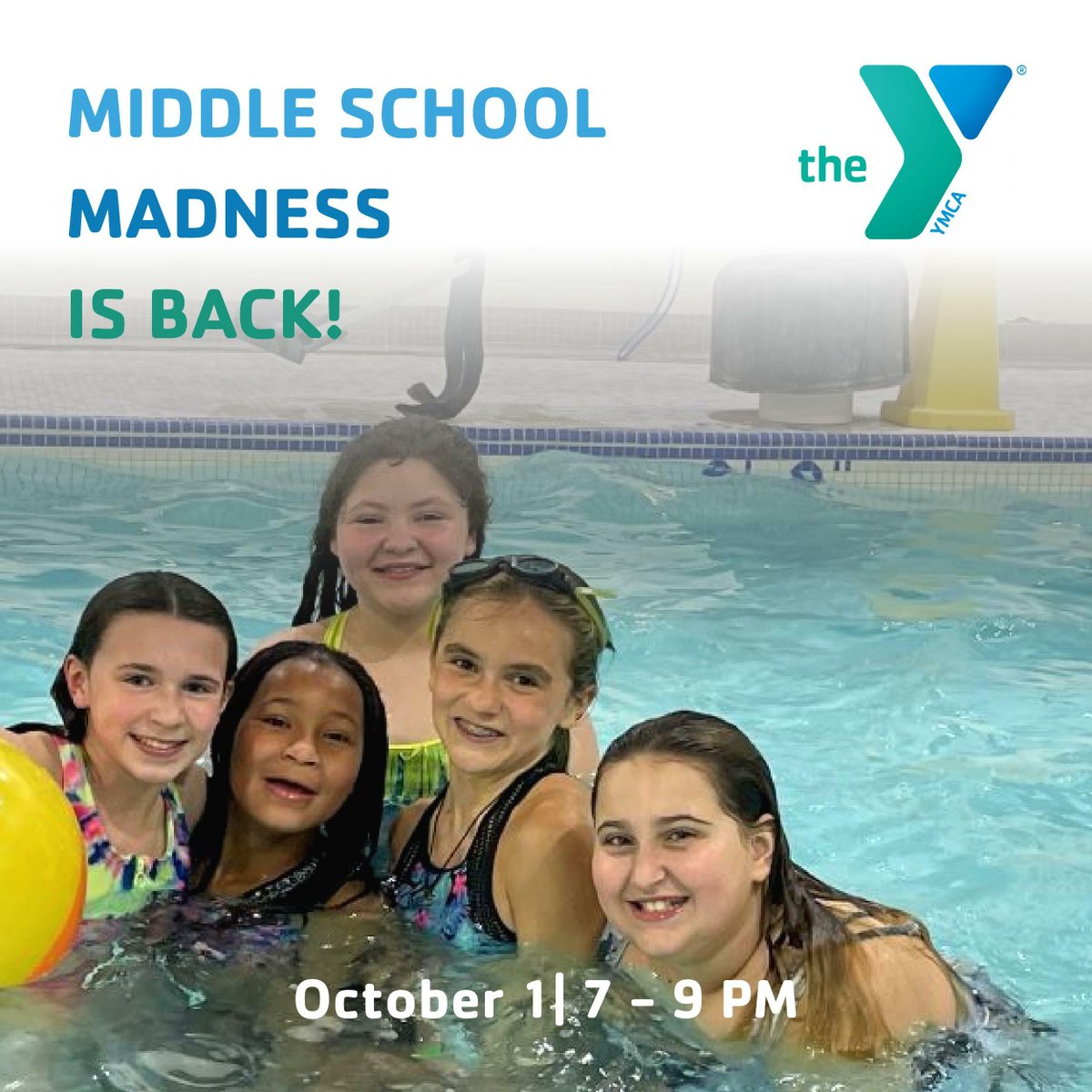 RegionalYMCA's tweet photo. The Y is staying open late for middle schoolers THIS Saturday night!! Open gym and swim is available. 
Register here: https://t.co/0joD1j03f7 https://t.co/Z5JWUXgJDy
