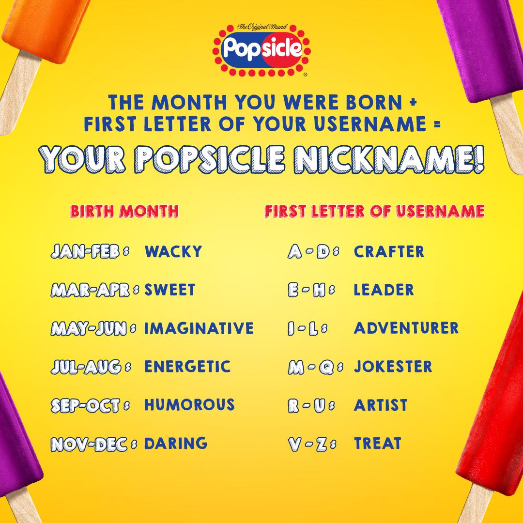 Popsicle's tweet photo. Every Popsicle Superfan deserves a super cool Popsicle Nickname! Discover yours, share it below and who knows what could happen 😋 https://t.co/OUx5XmLhZx