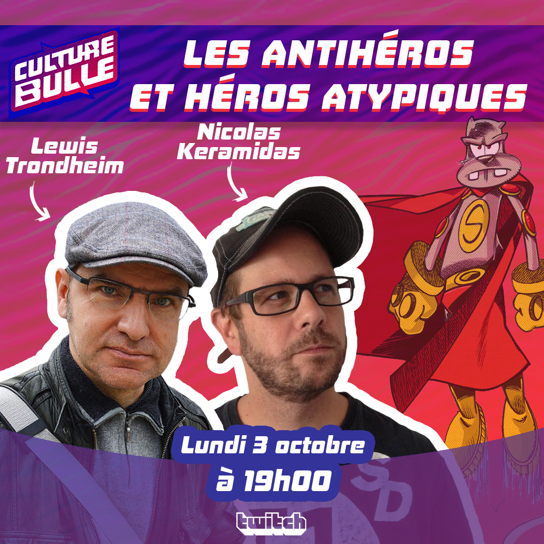 📣Vous avez suivi nos premières émissions Twitch #CultureBulle ? RDV le 3/10 dès 19h sur #Twitch pour discuter des antihéros et héros atypiques aux côtés de Lewis Trondheim et Nicolas Keramidas. 🥳 On compte sur vous ! 📺

🎤Host : <a href="/Hiuuugs/">Hiuuugs</a>
🎁Cadeaux !
👉twitch.tv/dupuisdirect/