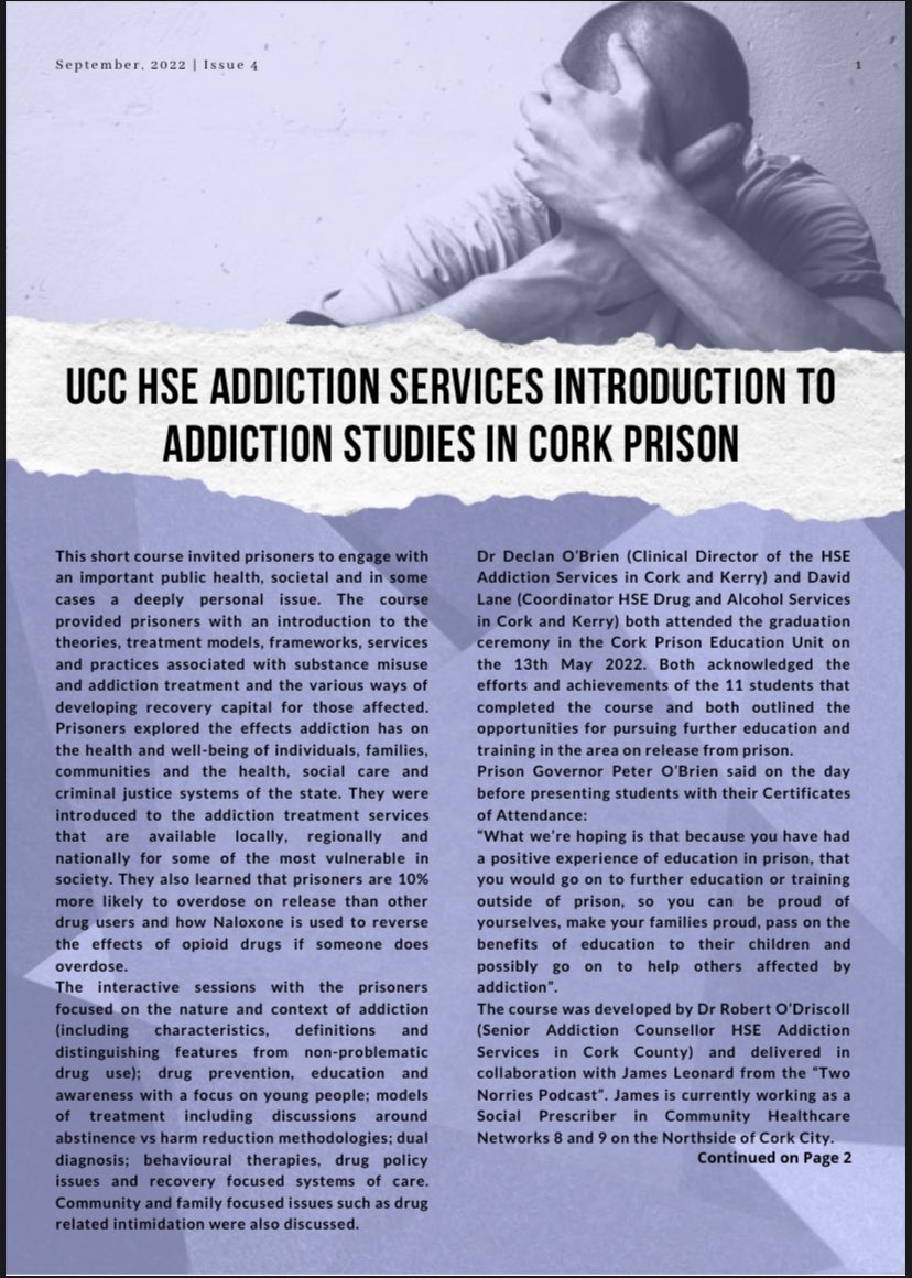 RebekahLBrennan's tweet photo. So proud of this write up on the Introduction to Addiction Studies Course in Cork Prison in the Primary Care Newsletter @JamesLeonard85 @ACEUCC https://t.co/02Z02aONhU
