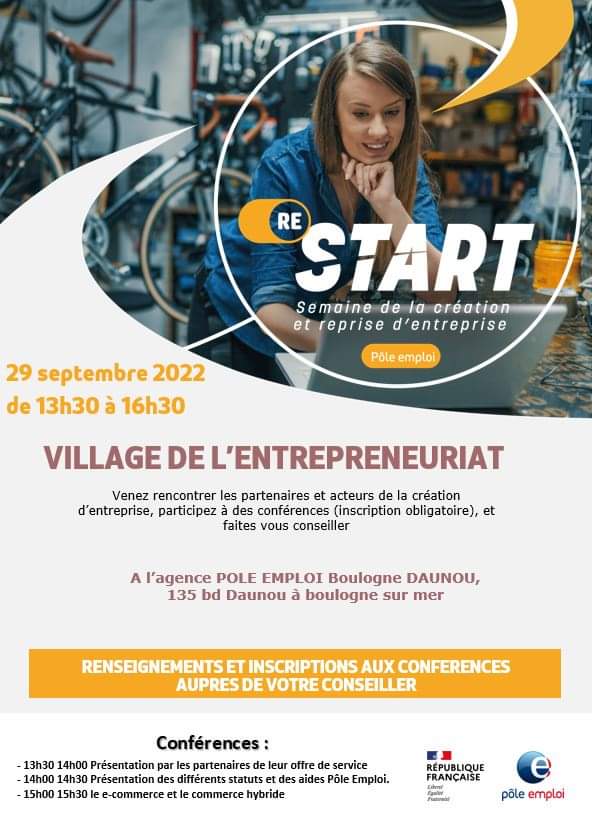 @poleemploi_HDF agit aux côtés de celles et ceux qui entreprennent. Futurs #créateurs,venez rencontrer les professionnels de la #création d'entreprise à l'occasion de l'édition 2022 de #Restart
Rdv à l'agence Pôle emploi de Boulogne sur mer le jeudi 29 septembre. <a href="/ThierryDanhiez/">Thierry DANHIEZ</a>