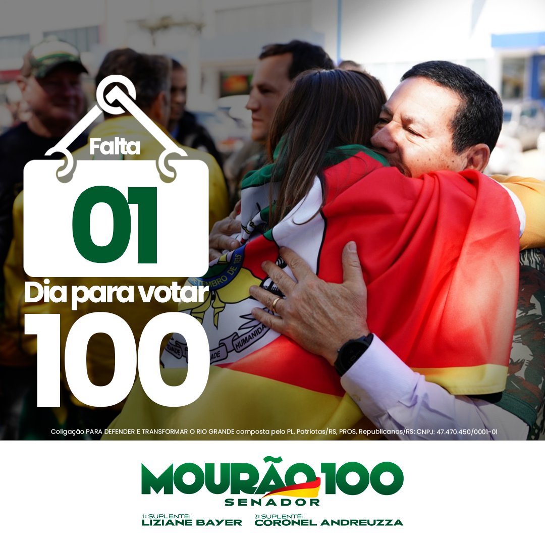 É amanhã! 
O Rio Grande merece mais. Vamos vencer a esquerda juntos! Vote 100!!! 
#Vote100 
#MourãoSenador 
#Bolsonaro22