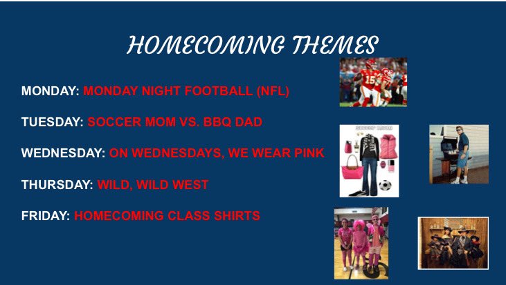 Here are the Homecoming dress up days for this years HOCO!! Our class will get more points for each person that dresses up so be sure to participate❤️💙❤️💙 #thefinalact #senioryear #co23