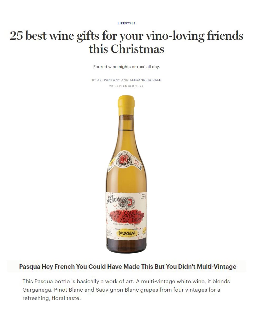 PasquaWinery's tweet photo. Hey French by @PasquaWinery has been included by online magazine @GlamourMagUK as one of the perfect gifts to give to your vino-loving friends this Christmas, as featured in their 25 best wine gift selection!
#PasquaWines #HeyFrench #Glamour
https://t.co/ySEso2DV69 https://t.co/wCqKZs0e9i