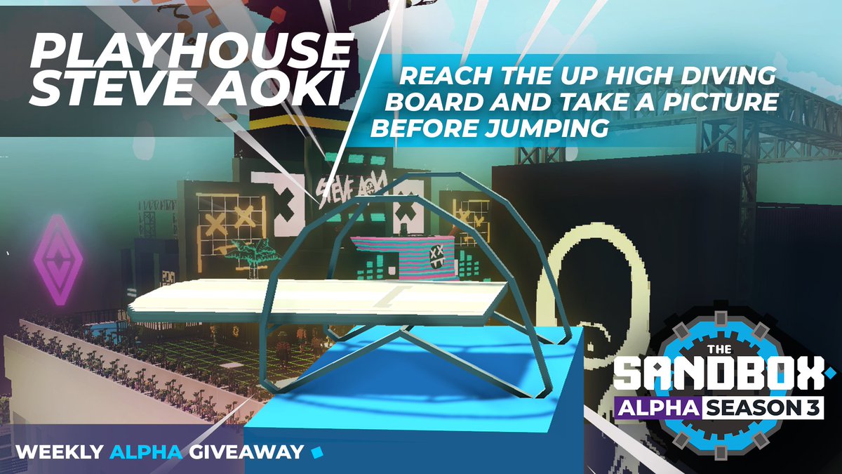 #SandboxAlphaS3Giveaway WEEK#6 Get a shot of your avatar atop the high diving board in @steveaoki's Playhouse before jumping! 🏊 For your chance to win an Alpha Pass - ENTER HERE ⤵️ sandbox.game/en/season/cont…