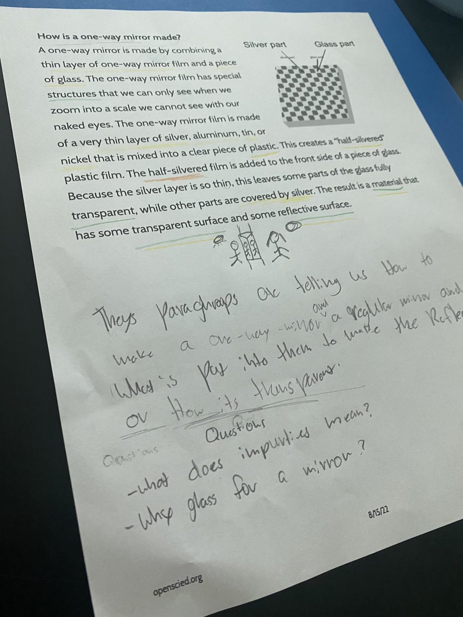 MrsEtense's tweet photo. How is a one-way mirror made? Ss close reading to support their new learning. #6thgradescientists #ESMS2022 @OpenSciEd https://t.co/JjAQPWkxqN