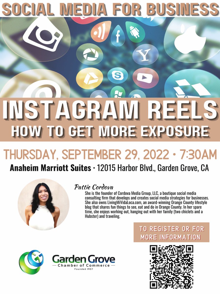 You are invited to our Business &amp; Education Presentation to learn about Social Media for Business: Instagram Reels with our guest speaker Pattie Cordova. Ms. Cordova has over 30k followers on her Instagram account: livingmividaloca and she will be sharing with us her talent.

To