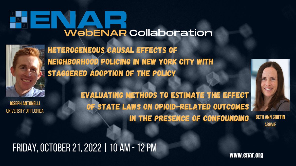 Mark your calendar and join us Oct 21, for a WebENAR collaboration between Joseph Antonelli and Beth Ann Griffin. ENAR members attend for FREE! More info &amp; registration: conta.cc/3xXAVfO #Causalinference <a href="/ASA_Biometrics/">ASA Biometrics Section</a> <a href="/IBSstats/">IBS</a> <a href="/cens_enar/">CENS ENAR</a>