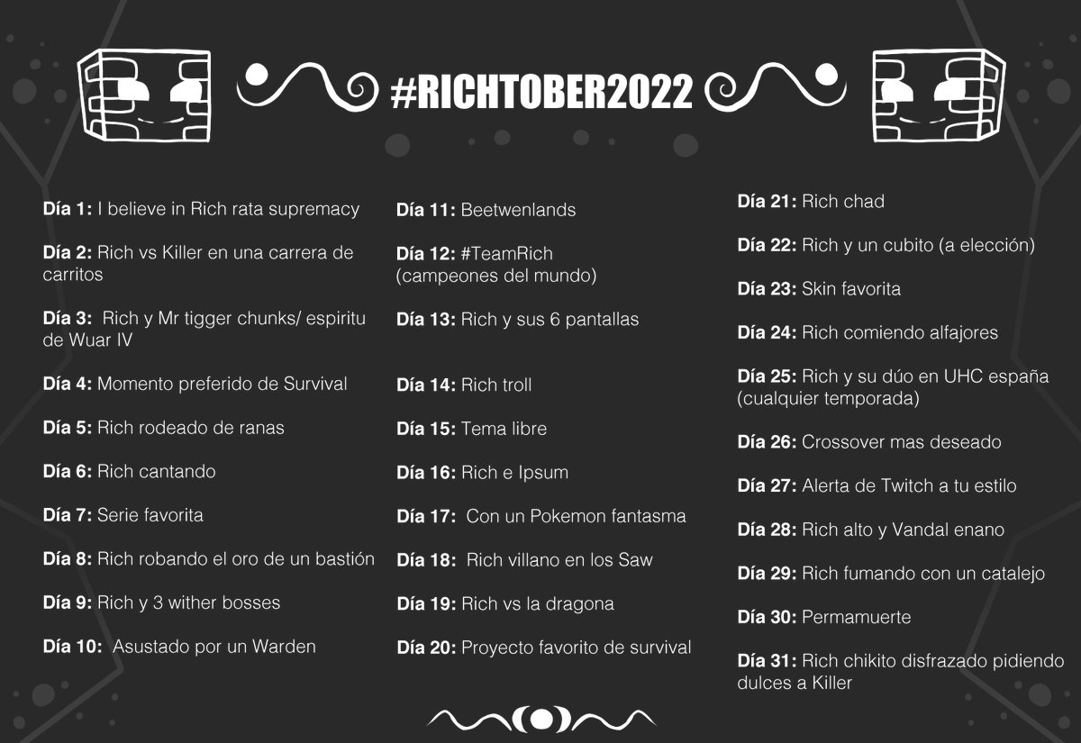 Brian69111's tweet photo. Aquí está mi lista para octubre, todos son bienvenidos a usarla también si así lo desean con el #Richtober2022, gracias @kmi_17 por ayudarme con la mayoria de la lista, intentamos hacerla variada, espero les guste :> https://t.co/TtCjnPtg7Y