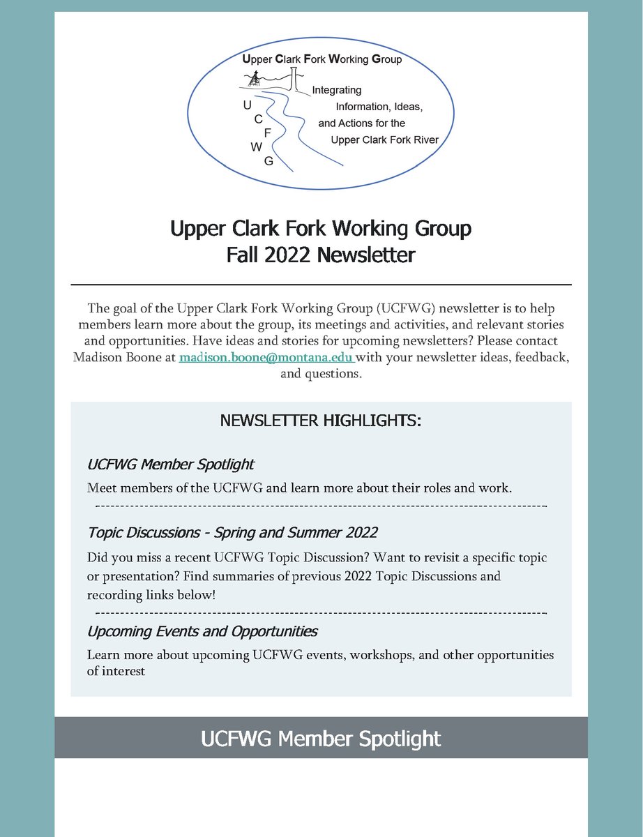 A new newsletter is out from the Upper Clark Fork Working Group! Read more about the group's members, past topic discussions, and upcoming events of interest conta.cc/3LRVvEd