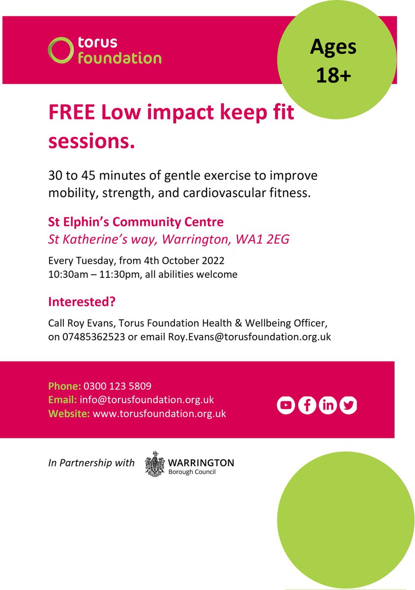 Torus Foundation is starting to work in partnership with St Katherine's way Healthy Neighbours project on Tuesdays starting 4th October 2022. We will be delivering free low impact keep fit sessions. Come down and try it. You will love it.<a href="/TorusFoundation/">Torus Foundation</a>
