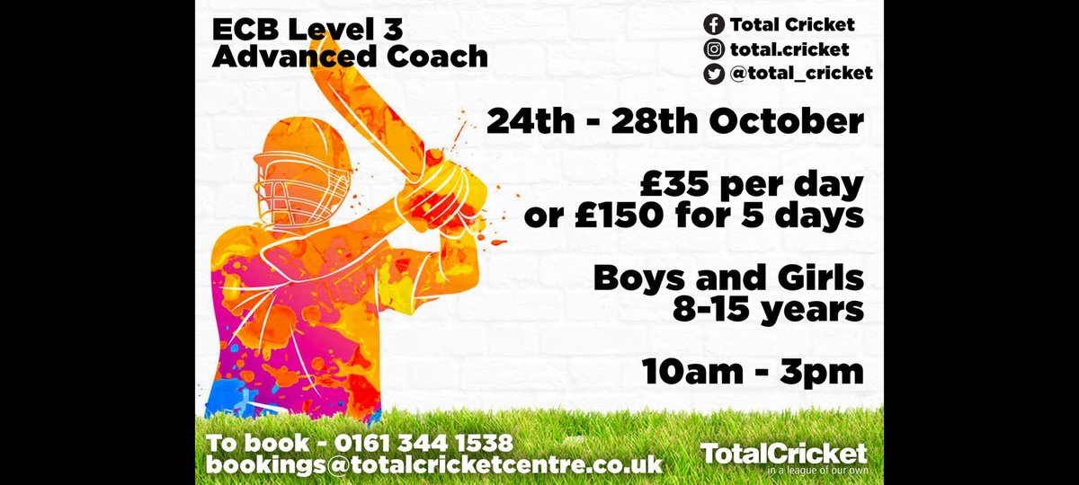 TimpCCJuniors's tweet photo. Half Term is on @Total_Cricket! Nathan will be there as well coaching for part of the week. Please see details below and sign up, wonderful facilities with bowling machines galore! Hopefully see plenty of the Timperley teams down https://t.co/R7KdLwEGyS