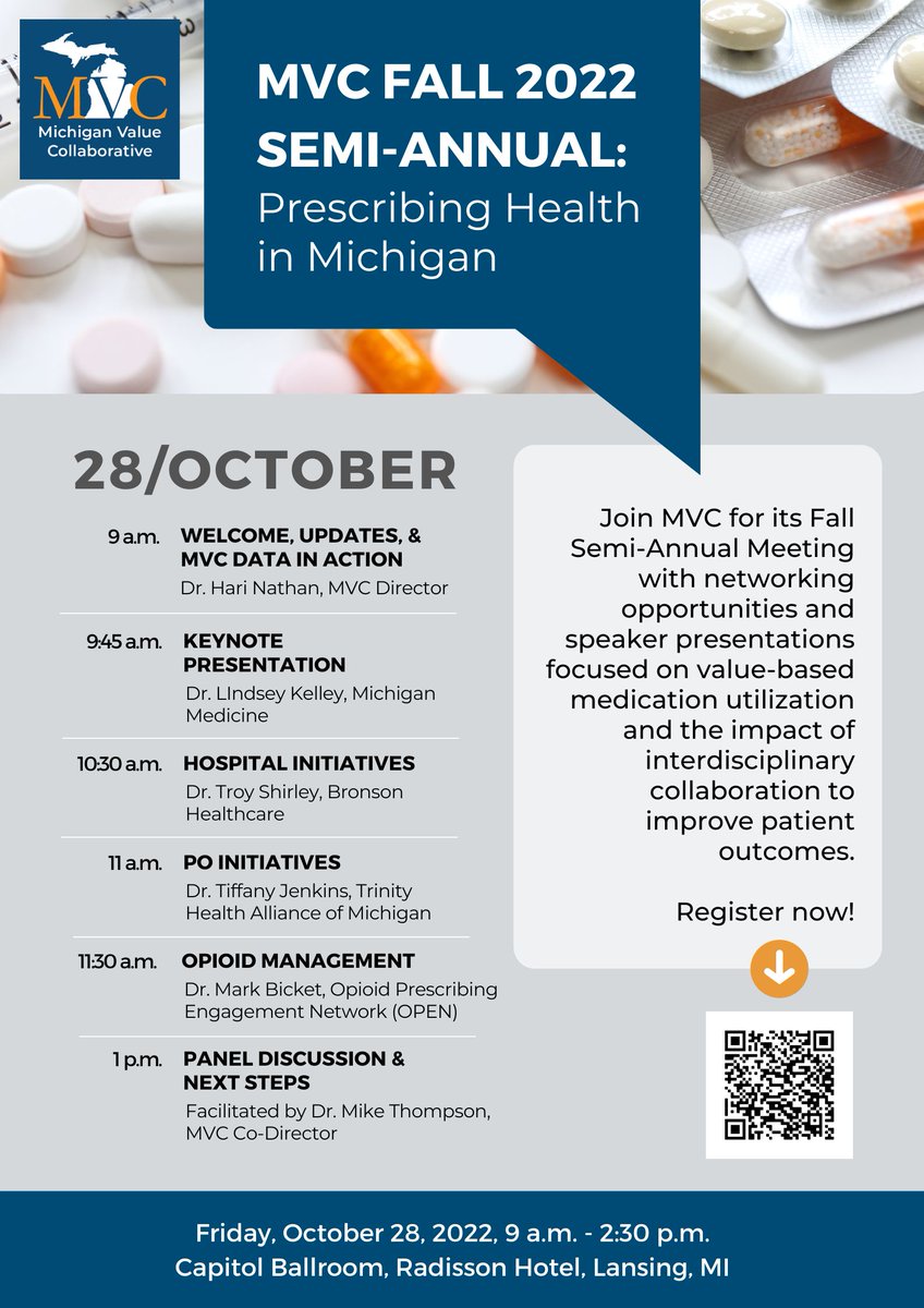 MVC's semi-annual (10/28, Lansing) is packed with unblinded MVC data and guest speakers focused on #prescriptions and #medications. We can't wait to discuss how members can collaborate in the #pharmacy space to improve patient outcomes. Register now: bit.ly/3Rop6pU