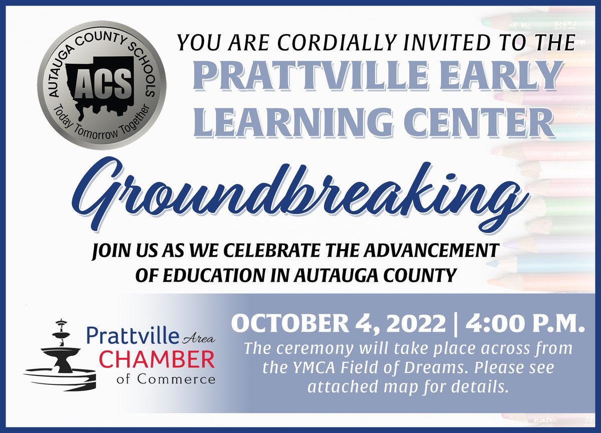 PrattvilleC's tweet photo. The Prattville Area Chamber of Commerce and Autauga County Schools are excited to host a groundbreaking in celebration of the Prattville Early Learning Center next Tuesday, October 4🎊 https://t.co/gWwsrDTj7U