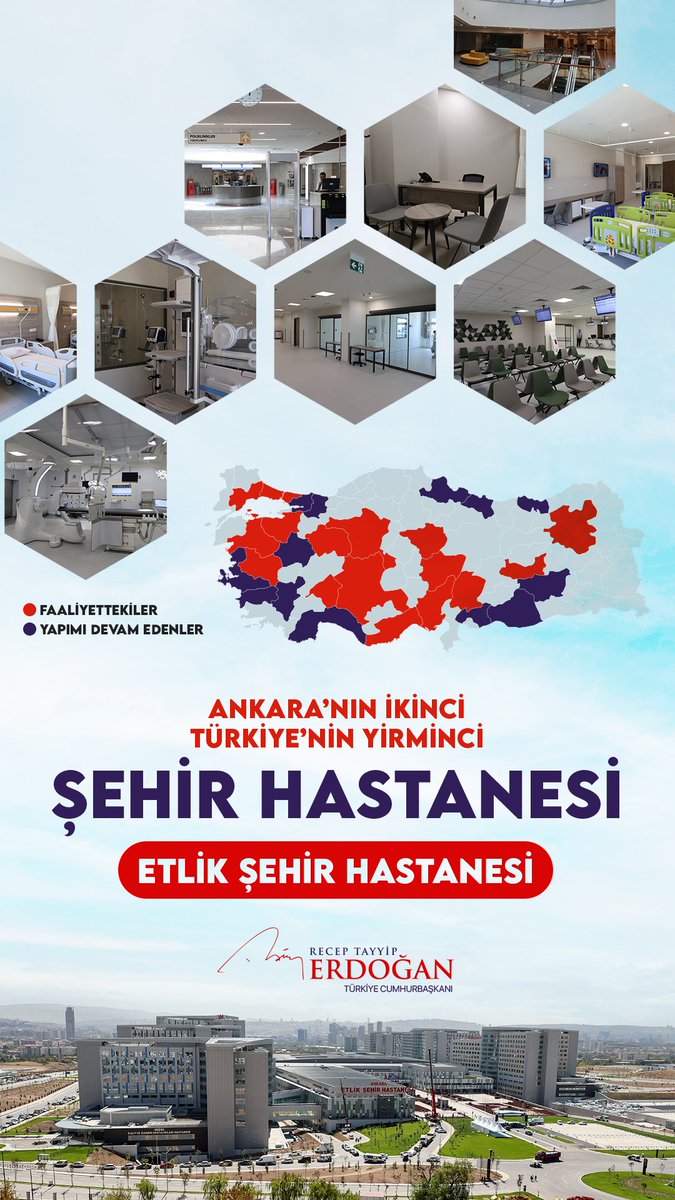 Bugün iftihar verici bir eseri daha hizmete sunmaktan büyük bir bahtiyarlık ve gurur duyuyorum. Türkiye’nin 20’nci, Ankara’nın 2’nci şehir hastanesi Etlik Şehir Hastanemiz hayırlı olsun.